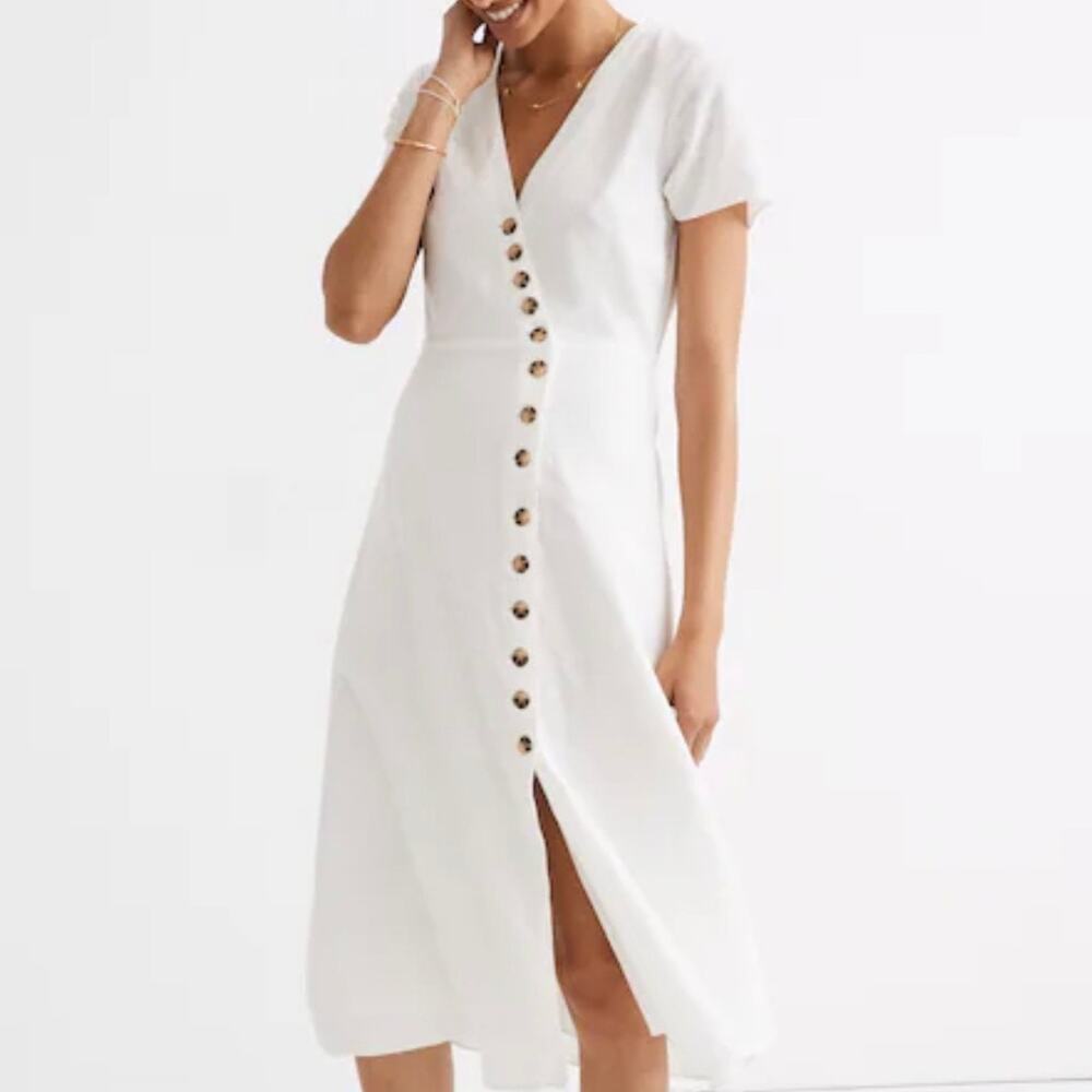 Madewell Linen Blend Dress 0 Womens XS Button Wrap Midi V-Neck Coastal Preppy